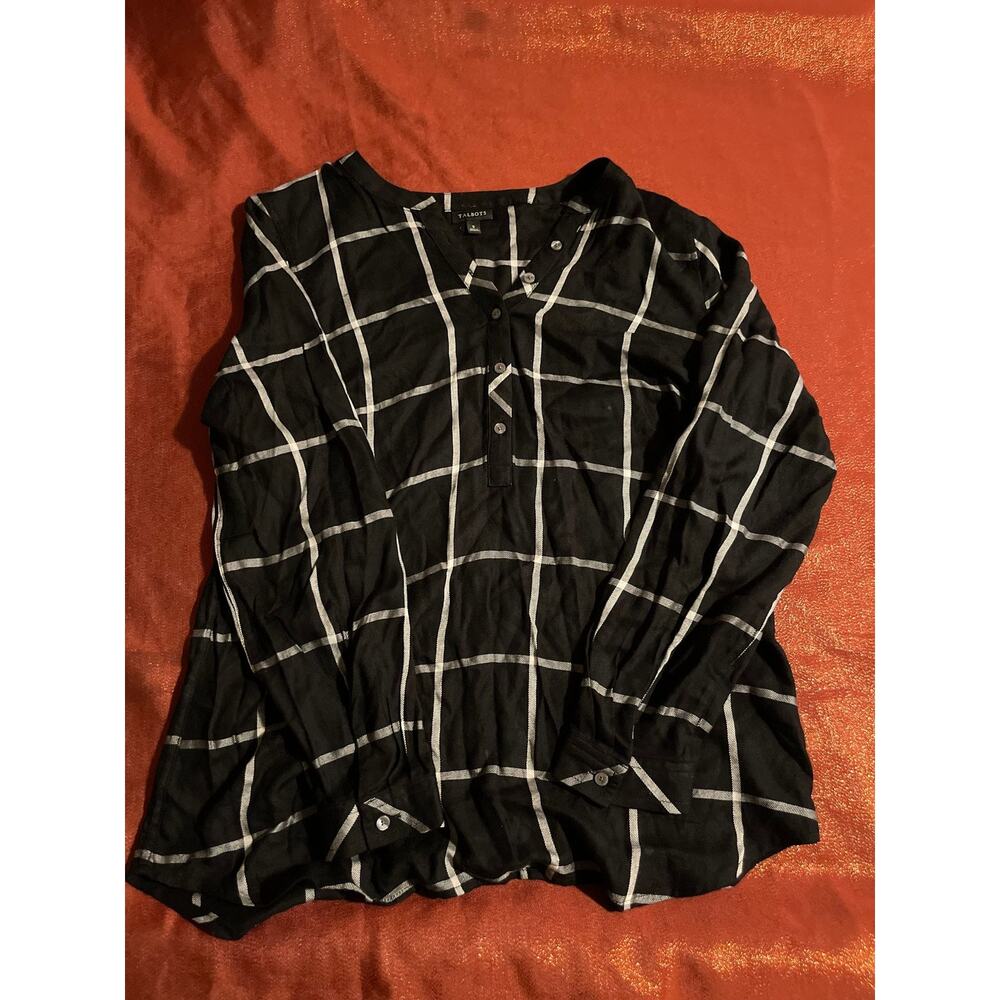 Talbots Blouse Womens S Black White Windowpane Long Sleeve Button Front Tunic